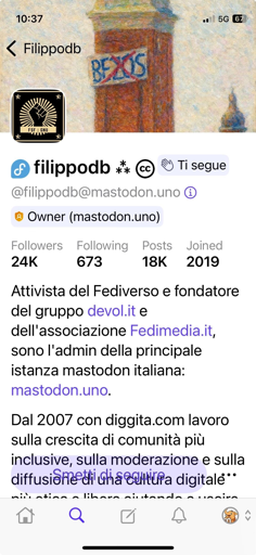 Screenshot di un profilo dell'applicazione Mastodon per l'utente "filippodb". In alto, un'illustrazione con uno stile pittorico mostra una struttura verticale con la scritta "BEZOS". Il profilo include un'icona con un pugno bianco e il testo "FSF | ONU", l'handle "[@]filippodb[@]mastodon.u "[@]filippodb[@]mastodon.uno" e le statistiche: 24K follower, 673 seguiti, 18K post, iscritto nel 2019. La biografia recita: "Attivista del Fediverso e fondatore del gruppo devol.it e dell'associazione Fedimedia.it, sono l'admi l'admin della principale istanza mastodon italiana: mastodon.uno.

Dal 2007 con diggita.com lavoro sulla crescita di comunità più inclusive, sulla moderazione e sulla diffusione di una cultura digitale**". La barra di stato indica le ore 10:37 e la batteria al 67%.