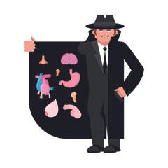 Nel disegno (che vuole rappresentare il bieco commercio di organi umani) un signore vestito in un inappuntabile completo mostra la "mercanzia" che è in grado di vendere