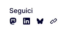 Un'immagine con del testo e quattro icone disposte su uno sfondo bianco. In alto compare la scritta "Seguici" in blu scuro. Sotto la scritta, sono allineate orizzontalmente quattro icone blu scuro: una "m" stilizzata racchiusa in un contorno arrotondato, un quadrato contenente le lettere "in", la sagoma di una farfalla e un'icona a forma di maglia di catena.

