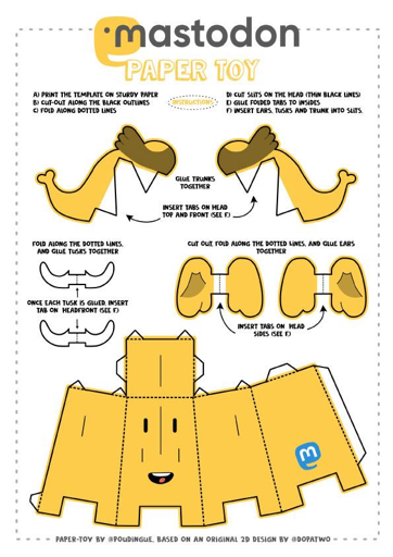 L'immagine mostra un set di istruzioni per un "mastodonte paper toy" su un foglio bianco. Il foglio contiene una serie di diagrammi e istruzioni dettagliate per assemblare il giocattolo. Il mastodonte è rappresentato in giallo con dettagli in marrone e blu. 