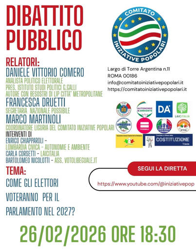 26febbraio h18:30 Come gli elettori voteranno per il #Parlamento nel 2027?

Voteremo di nuovo con il #Rosatellum bis o con una nuova #leggeelettorale con superpremio di maggioranza?

Segui dibattito su https://youtube.com/@iniziativepop