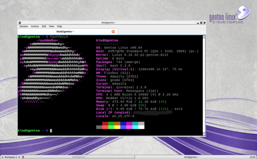 Desktop Gentoo Linux con qterminal aperto mostrate fastfetch