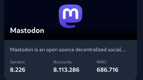 L'immagine mostra una schermata con il logo di Mastodon, un'applicazione di social media open source e decentralizzata. Il logo è un quadrato viola con una "M" bianca al centro. Sotto il logo, il testo "Mastodon" è scritto in bianco. Sotto il logo e il testo, c'è una descrizione che dice: "Mastodon is an open source decentralized social...". Sotto questa descrizione, ci sono tre sezioni con i dati: "Servers" con il numero 8.226, "Accounts" con il numero 8.113.286, e "MAU" con il numero 686.716. Questi dati indicano il numero di server, conti e utenti attivi mensili.