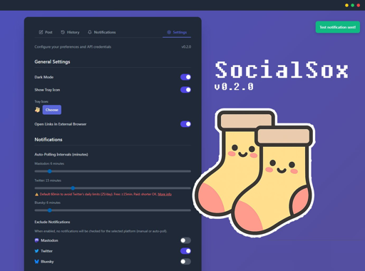 L'immagine è uno screenshot di un'interfaccia utente di un'applicazione denominata "SocialSox", versione 0.2.0. L'interfaccia utente ha uno sfondo scuro con un'icona animata a forma di calza sorridente nell'angolo in alto a destra. Il contenuto principale è diviso in sezioni con le intestazioni "General Settings" e "Notifications". 

Nella sezione "General Settings", sono presenti delle opzioni per attivare la "Dark Mode" e "Show Tray Icon". Nella sezione "Notifications" sono presenti le opzioni di intervalli di auto-polling per Mastodon, Twitter e Bluesky, con dei cursori per impostare i minuti. Inoltre, c'è una sezione denominata "Exclude Notifications" con delle caselle di controllo per disattivare le notifiche per Mastodon, Twitter e Bluesky.

