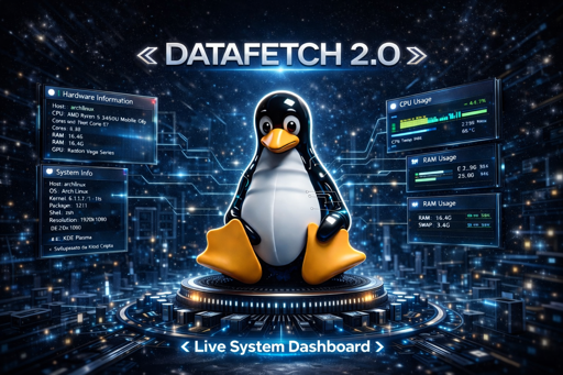 Tux al centro dell'immagine tech circondato da terminali con output misti dati/barre dinamiche. Sopra di lui, la scritta DATAFETCH 2.0.